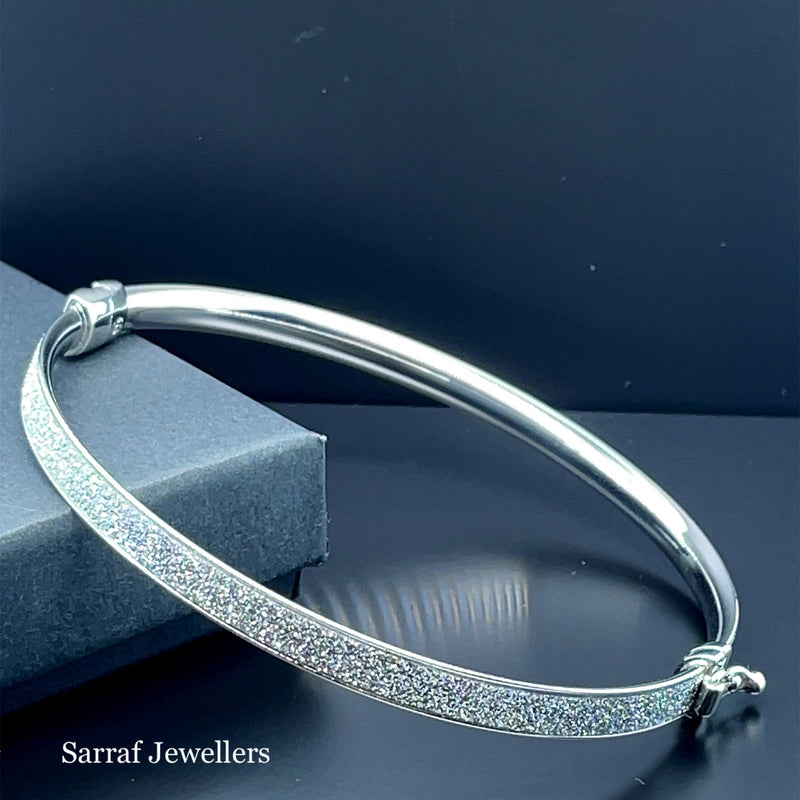 Silver Ladies Moondust Design Hinged Bangle | Shop Online Sarraf Jewellers UK - Sarraf Jewellers