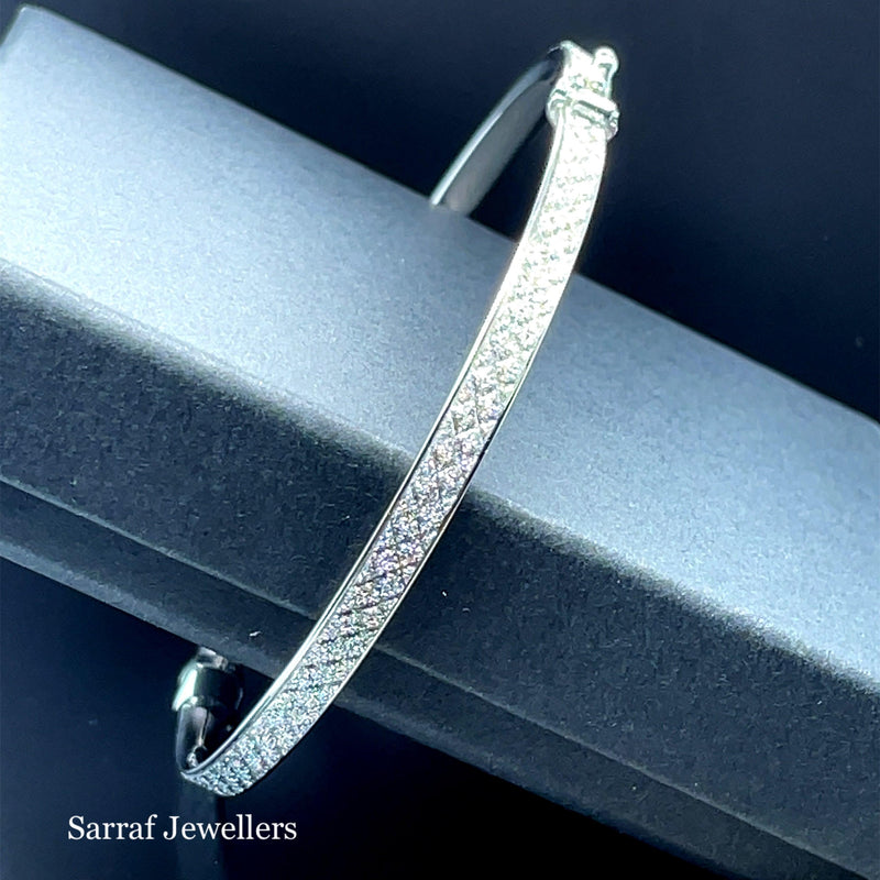 Silver Ladies Moondust Oval Design Hinged Bangle | Shop Online Sarraf Jewellers UK - Sarraf Jewellers