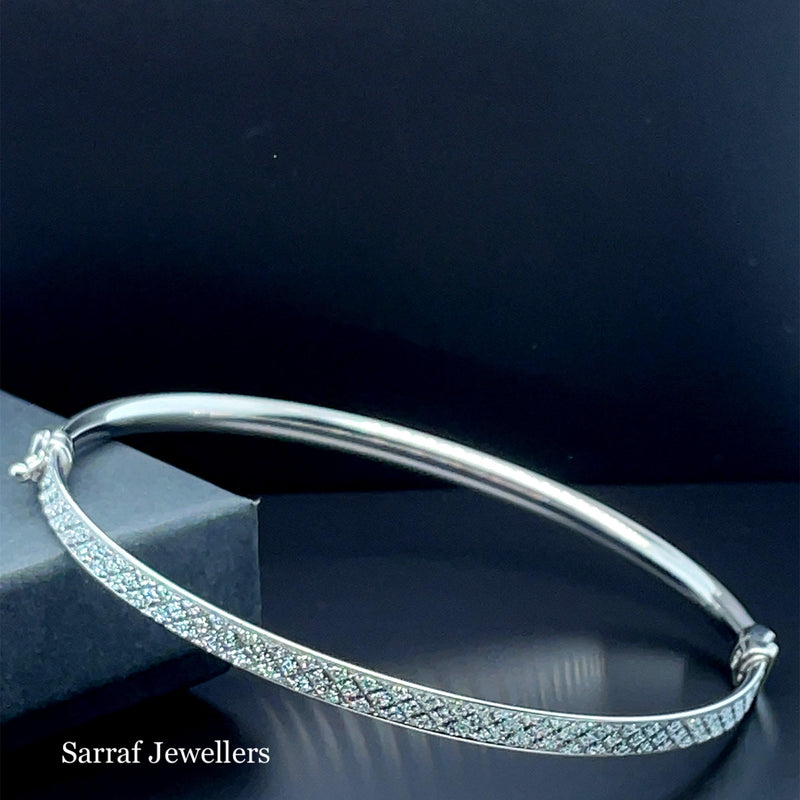 Silver Ladies Moondust Oval Design Hinged Bangle | Shop Online Sarraf Jewellers UK - Sarraf Jewellers