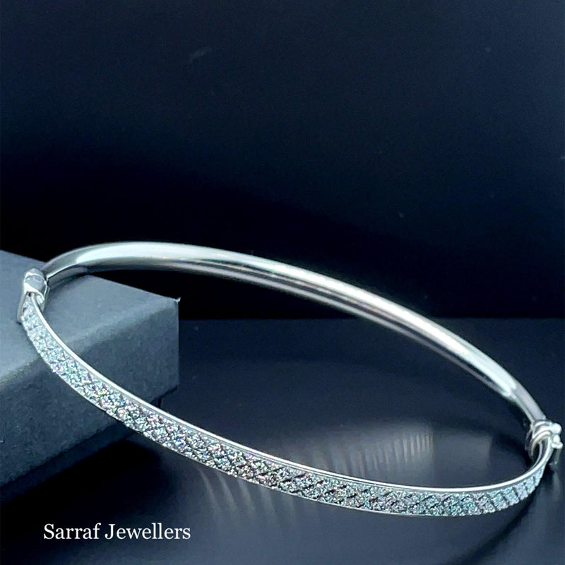 Silver Ladies Moondust Oval Design Hinged Bangle | Shop Online Sarraf Jewellers UK - Sarraf Jewellers