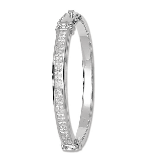 Silver Ladies Oval CZ Diamond Simulated Hinged Bangle | Shop Online Sarraf Jewellers UK - Sarraf Jewellers