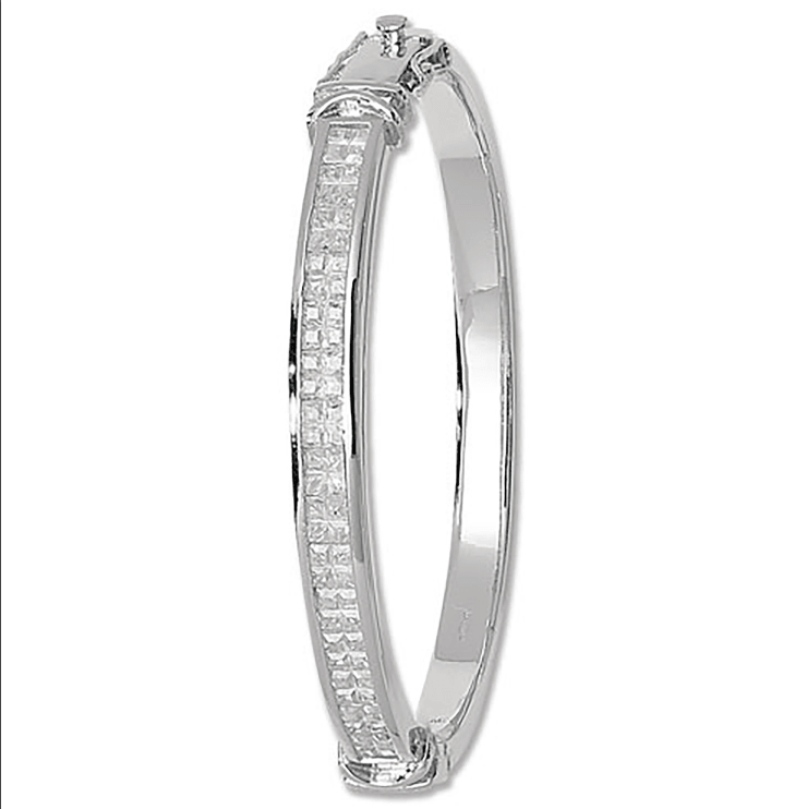 Silver Ladies Oval CZ Diamond Simulated Hinged Bangle | Shop Online Sarraf Jewellers UK - Sarraf Jewellers