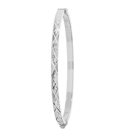 Silver Ladies Oval Hinged Bangle Diamond Cut Design | Shop Online Sarraf Jewellers UK - Sarraf Jewellers