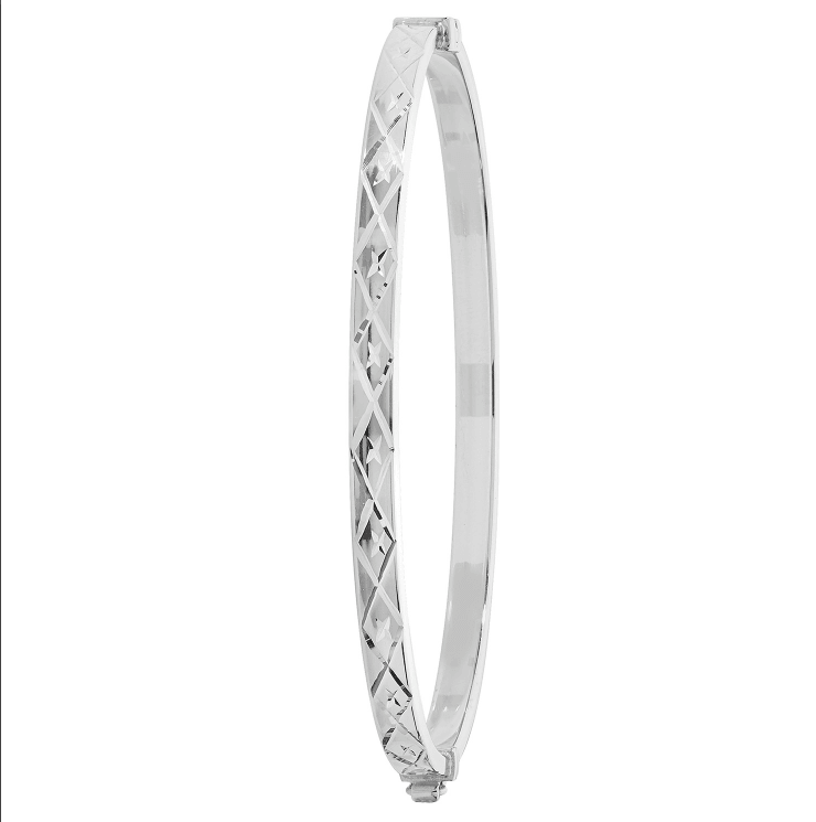 Silver Ladies Oval Hinged Bangle Diamond Cut Design | Shop Online Sarraf Jewellers UK - Sarraf Jewellers