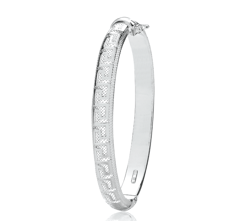 Silver Ladies Oval Hinged Bangle Greek Design | Shop Online Sarraf Jewellers UK - Sarraf Jewellers