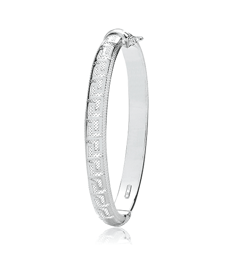 Silver Ladies Oval Hinged Bangle Greek Design | Shop Online Sarraf Jewellers UK - Sarraf Jewellers