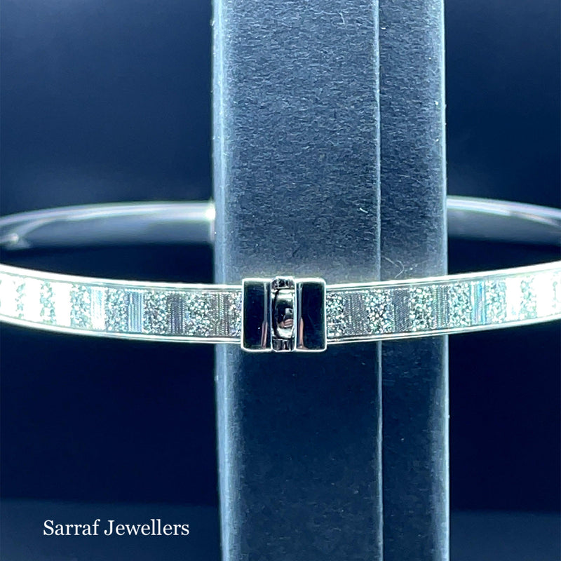 Silver Ladies Oval Moondust Design Hinged Bangle | Shop Online Sarraf Jewellers UK - Sarraf Jewellers