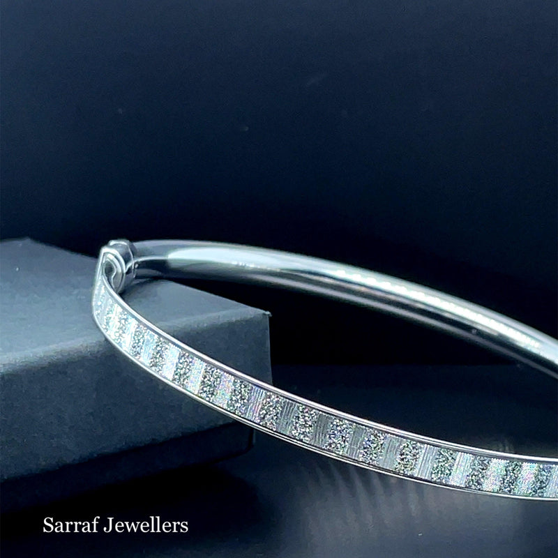 Silver Ladies Oval Moondust Design Hinged Bangle | Shop Online Sarraf Jewellers UK - Sarraf Jewellers