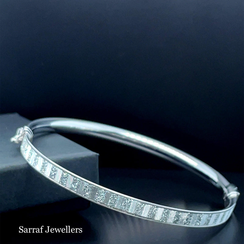 Silver Ladies Oval Moondust Design Hinged Bangle | Shop Online Sarraf Jewellers UK - Sarraf Jewellers