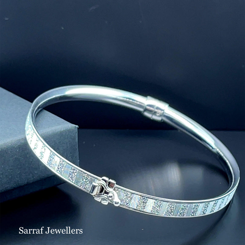 Silver Ladies Oval Moondust Design Hinged Bangle | Shop Online Sarraf Jewellers UK - Sarraf Jewellers