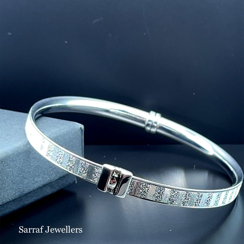 Silver Ladies Oval Moondust Design Hinged Bangle | Shop Online Sarraf Jewellers UK - Sarraf Jewellers