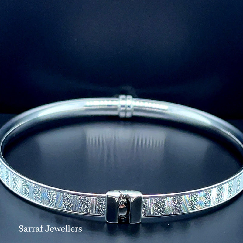 Silver Ladies Oval Moondust Design Hinged Bangle | Shop Online Sarraf Jewellers UK - Sarraf Jewellers