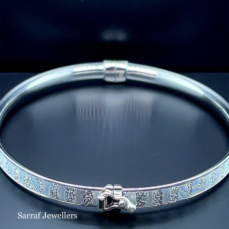 Silver Ladies Oval Moondust Design Hinged Bangle | Shop Online Sarraf Jewellers UK - Sarraf Jewellers