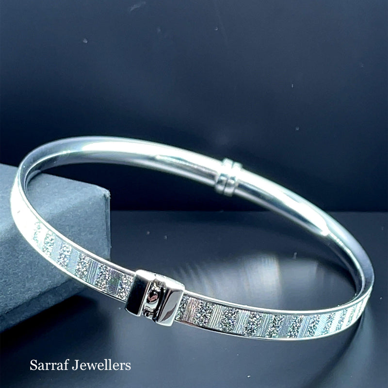 Silver Ladies Oval Moondust Design Hinged Bangle | Shop Online Sarraf Jewellers UK - Sarraf Jewellers