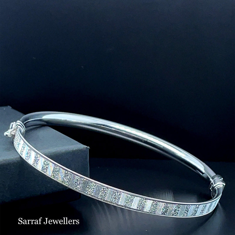 Silver Ladies Oval Moondust Design Hinged Bangle | Shop Online Sarraf Jewellers UK - Sarraf Jewellers