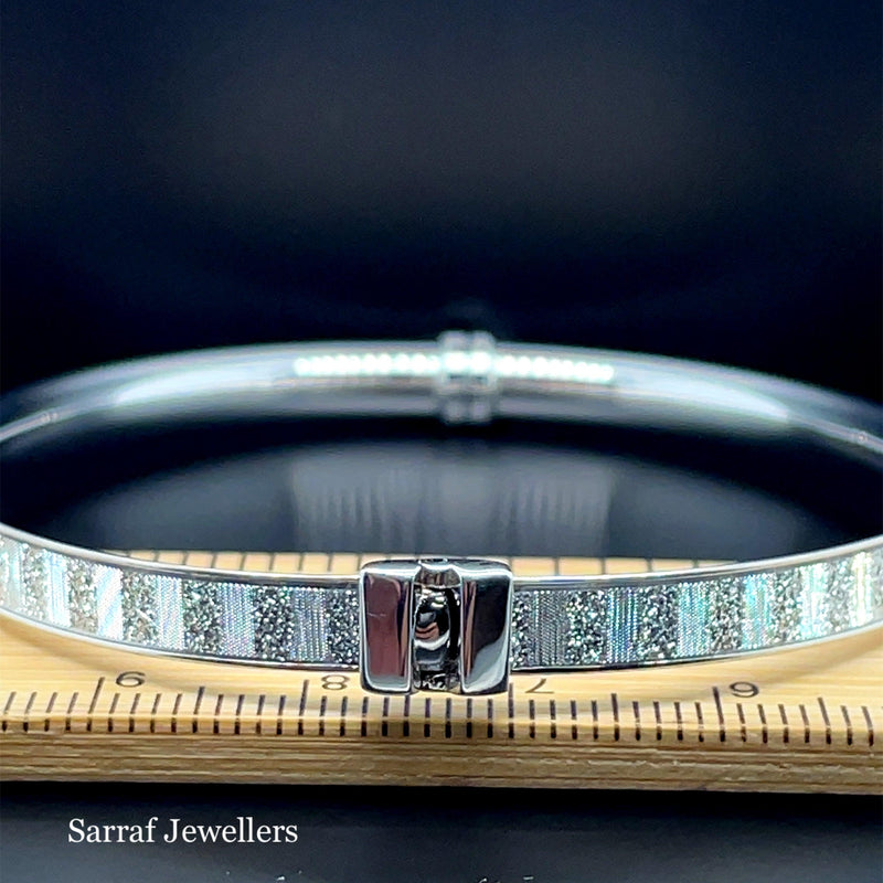 Silver Ladies Oval Moondust Design Hinged Bangle | Shop Online Sarraf Jewellers UK - Sarraf Jewellers