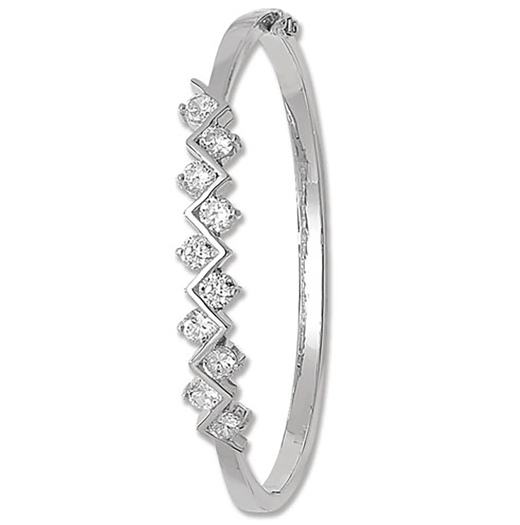 Silver Ladies Oval ZigZag Hinged Bangle CZ Simulated Diamond | Shop Online Sarraf Jewellers UK - Sarraf Jewellers