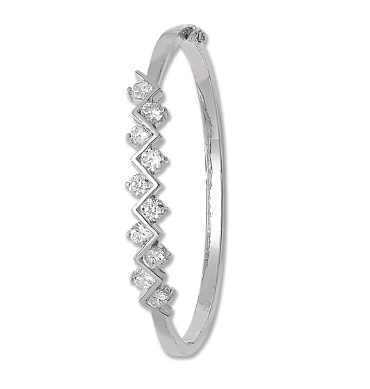 Silver Ladies Oval ZigZag Hinged Bangle CZ Simulated Diamond | Shop Online Sarraf Jewellers UK - Sarraf Jewellers