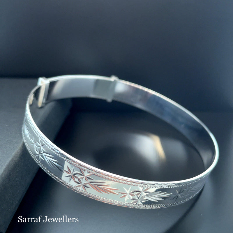 Silver Ladies Round Diamond Cut Bangle Expandable | Shop Online Sarraf Jewellers UK - Sarraf Jewellers