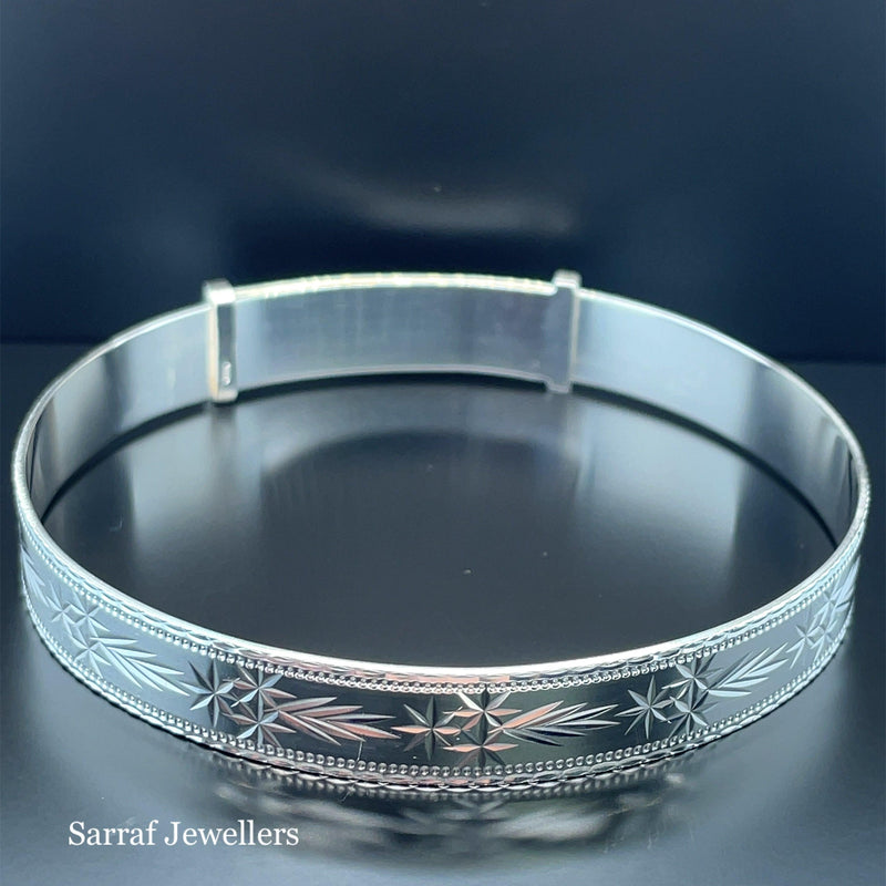 Silver Ladies Round Diamond Cut Bangle Expandable | Shop Online Sarraf Jewellers UK - Sarraf Jewellers