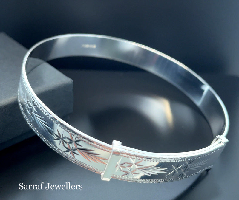 Silver Ladies Round Diamond Cut Bangle Expandable | Shop Online Sarraf Jewellers UK - Sarraf Jewellers