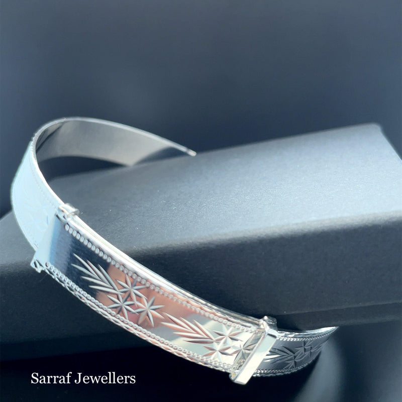 Silver Ladies Round Diamond Cut Bangle Expandable | Shop Online Sarraf Jewellers UK - Sarraf Jewellers