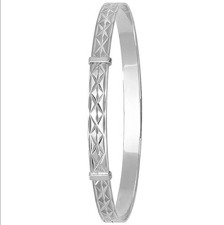 Silver Ladies Round Diamond Cut Design Expandable Bangle | Shop Online Sarraf Jewellers UK - Sarraf Jewellers