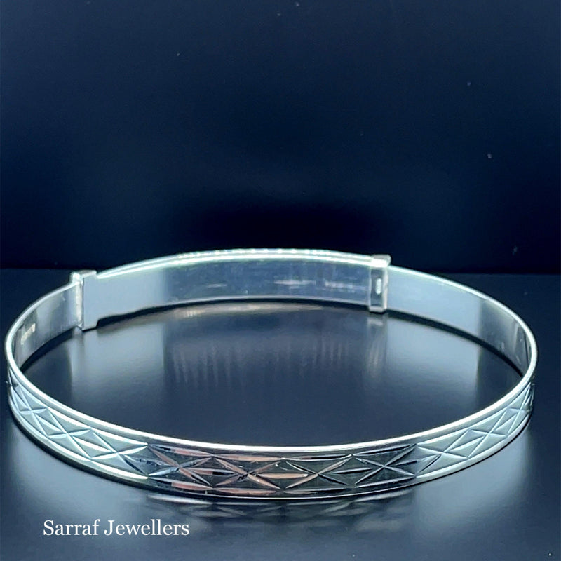 Silver Ladies Round Diamond Cut Design Expandable Bangle | Shop Online Sarraf Jewellers UK - Sarraf Jewellers