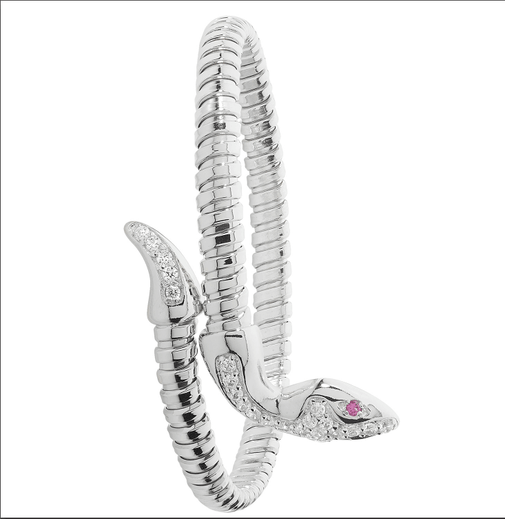 Silver Ladies Snake Bangle Rhodium Plated Red Eyes CZ Diamond Simulated Oval Design | Shop Online Sarraf Jewellers UK - Sarraf Jewellers