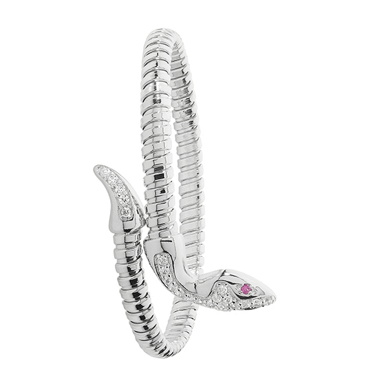 Silver Ladies Snake Bangle Rhodium Plated Red Eyes CZ Diamond Simulated Oval Design | Shop Online Sarraf Jewellers UK - Sarraf Jewellers