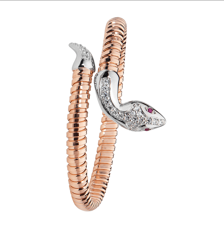 Silver Ladies Snake Bangle Rose Gold Plated Red Eyes CZ Diamond Simulated Oval Design | Shop Online Sarraf Jewellers UK - Sarraf Jewellers