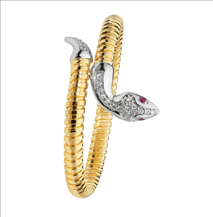 Silver Ladies Snake Bangle Yellow Gold Plated Red Eyes CZ Diamond Simulated Oval Design | Shop Online Sarraf Jewellers UK - Sarraf Jewellers