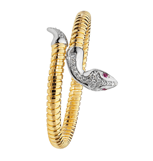 Silver Ladies Snake Bangle Yellow Gold Plated Red Eyes CZ Diamond Simulated Oval Design | Shop Online Sarraf Jewellers UK - Sarraf Jewellers