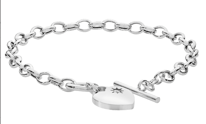 Silver Ladies T-Bar CZ Simulated Diamond Heart Charm Bracelet | Shop Online Sarraf Jewellers UK - Sarraf Jewellers