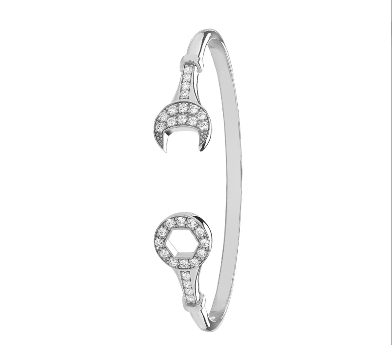 Silver Maiden Oval Spanner Bangle CZ Simulated Diamond Design | Shop Online Sarraf Jewellers UK - Sarraf Jewellers