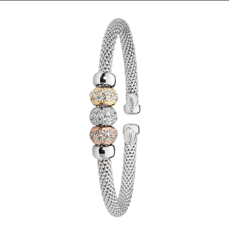 Silver Mesh CZ Simulated Diamond Bangle Rhodium-Yellow-Rose Gold Plated Oval Design | Shop Online Sarraf Jewellers UK - Sarraf Jewellers