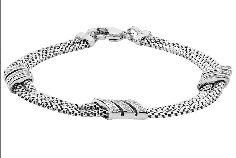 Silver Mesh Ladies Bracelet 2 Rows CZ Rhodium Plated Design | Shop Online Sarraf Jewellers UK - Sarraf Jewellers