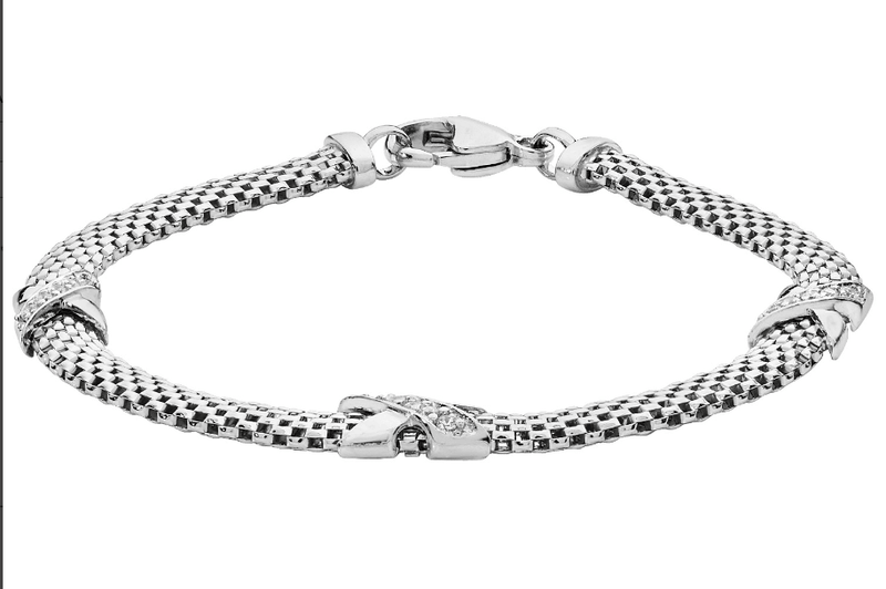 Silver Mesh Link Ladies Bracelet 2 Rows CZ Rhodium Plated Design | Shop Online Sarraf Jewellers UK - Sarraf Jewellers