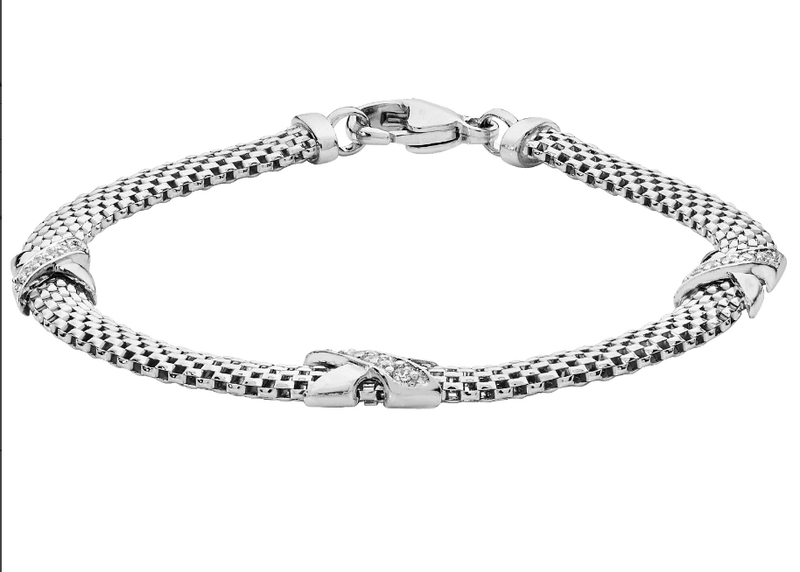 Silver Mesh Link Ladies Bracelet CZ Simulated Diamond Rhodium Plated Design | Shop Online Sarraf Jewellers UK - Sarraf Jewellers