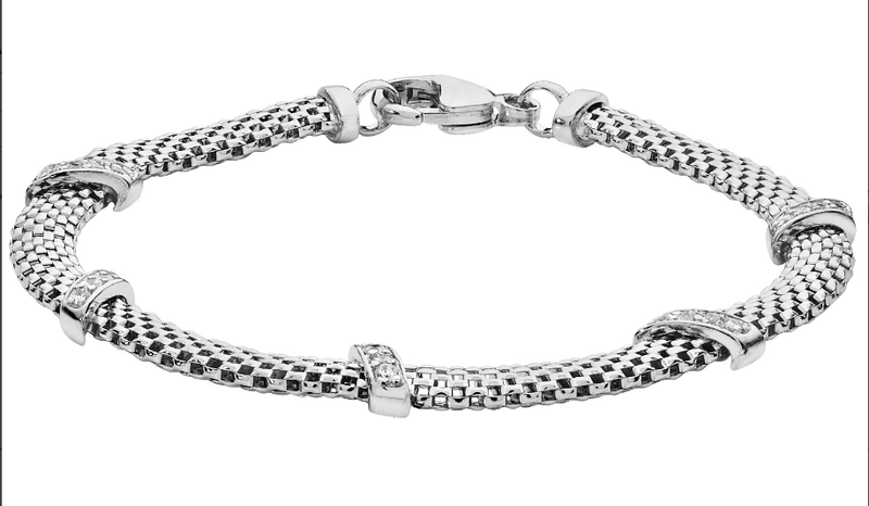 Silver Mesh Link Simulated Diamond CZ Bracelet Rhodium Plated Design Ladies | Shop Online Sarraf Jewellers UK - Sarraf Jewellers