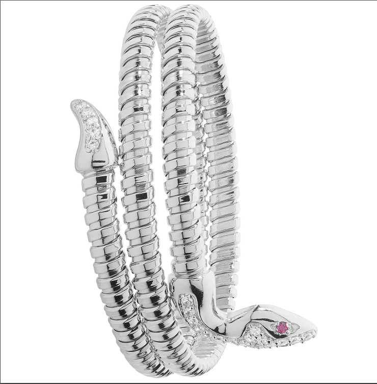 Silver Multi Layered Snake Ladies Bangle Rhodium Plated Red Eyes CZ Diamond Simulated Oval Chunky Design | Shop Online Sarraf Jewellers UK - Sarraf Jewellers