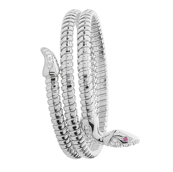 Silver Multi Layered Snake Ladies Bangle Rhodium Plated Red Eyes CZ Diamond Simulated Oval Chunky Design | Shop Online Sarraf Jewellers UK - Sarraf Jewellers