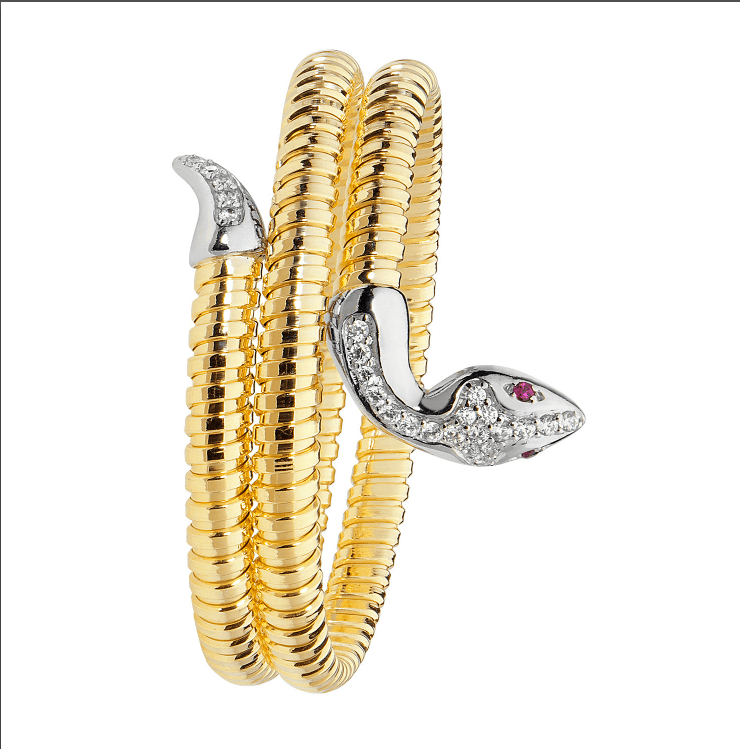 Silver Multi Layered Snake Ladies Bangle Yellow Gold Plated Red Eyes CZ Diamond Simulated Oval Chunky Design | Shop Online Sarraf Jewellers UK - Sarraf Jewellers