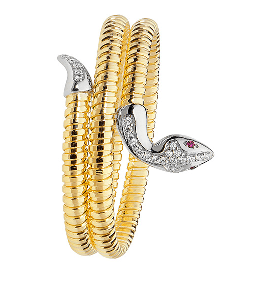 Silver Multi Layered Snake Ladies Bangle Yellow Gold Plated Red Eyes CZ Diamond Simulated Oval Chunky Design | Shop Online Sarraf Jewellers UK - Sarraf Jewellers