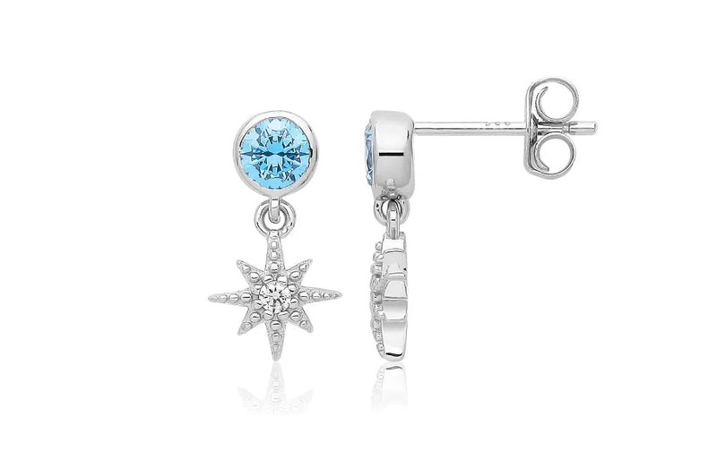 Silver NORTHERN STAR DANGLE DROP EARRINGS 925 Sterling Silver Simulated Blue Topaz CZ Design UK Hallmarked | Shop Online Sarraf Jewellers UK - Sarraf Jewellers