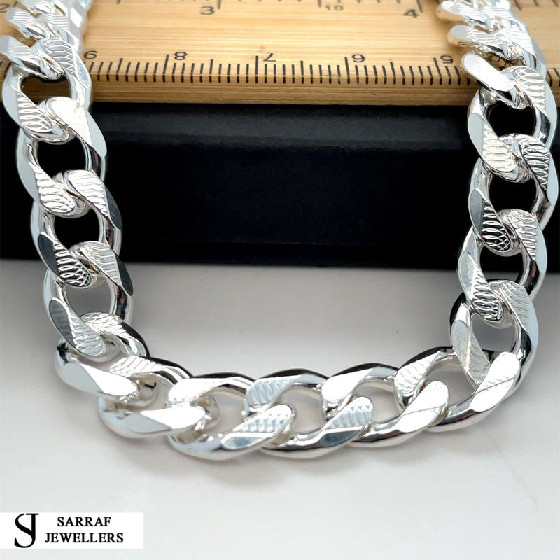 Silver Plain Design Pave Curb Chain UK Hallmarked Necklace | Shop Online Sarraf Jewellers UK - Sarraf Jewellers