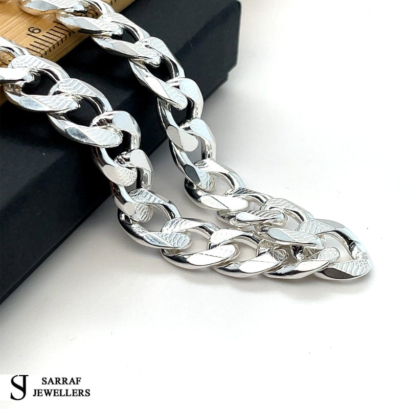 Silver Plain Design Pave Curb Chain UK Hallmarked Necklace | Shop Online Sarraf Jewellers UK - Sarraf Jewellers