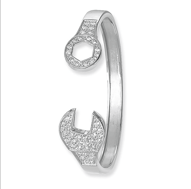 Silver Spanner Tool Bangle Patterned CZ Diamond Simulated Design | Shop Online Sarraf Jewellers UK - Sarraf Jewellers