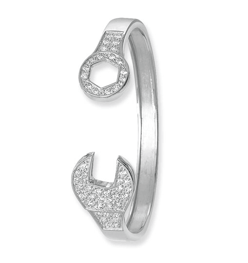 Silver Spanner Tool Bangle Patterned CZ Diamond Simulated Design | Shop Online Sarraf Jewellers UK - Sarraf Jewellers