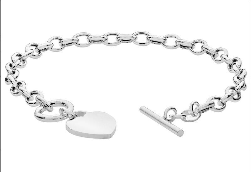 Silver T-Bar Heart Charm Bracelet Ladies Plain Desing Free Engraving | Shop Online Sarraf Jewellers UK - Sarraf Jewellers